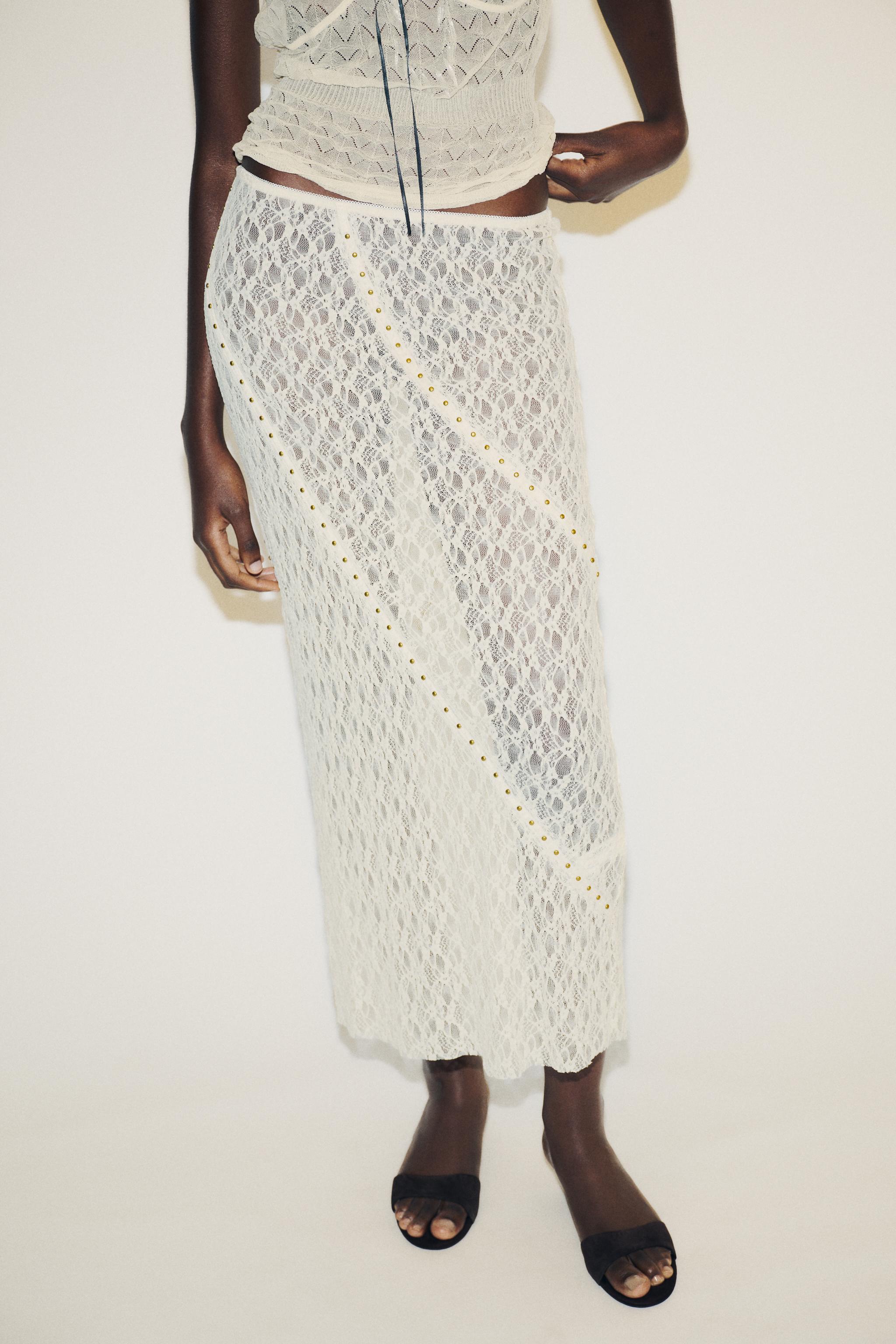 STUDDED LACE MIDI SKIRT